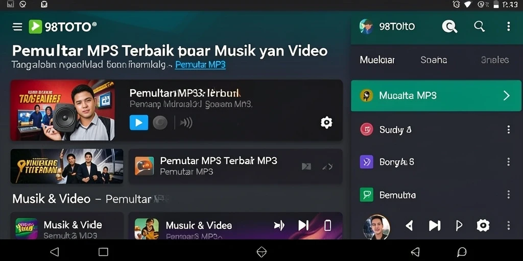 Antarmuka aplikasi 98TOTO menampilkan fungsi Pemutar MP3 yang intuitif.